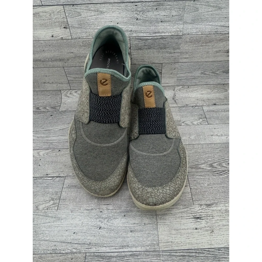 ECCO Biom Women Grey Sage Green Slip On Sneakers Crackle Pattern Sz 38 EU 7.5 US